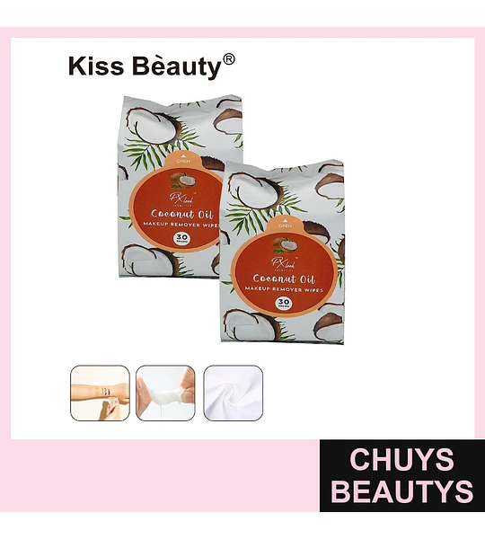 Toallitas Desmaquillantes con Aceite de Coco Kiss Bèauty, 30 Hojas