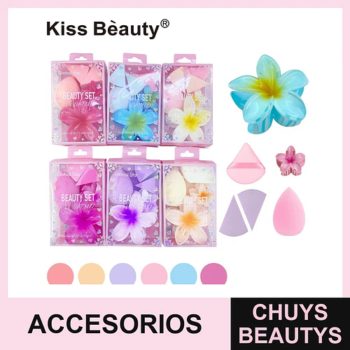 Set de Esponjas de Maquillaje Kiss Bèauty con Accesorios Florales y Variedad de Formas - Chuys Beautys | Chuys Beautys