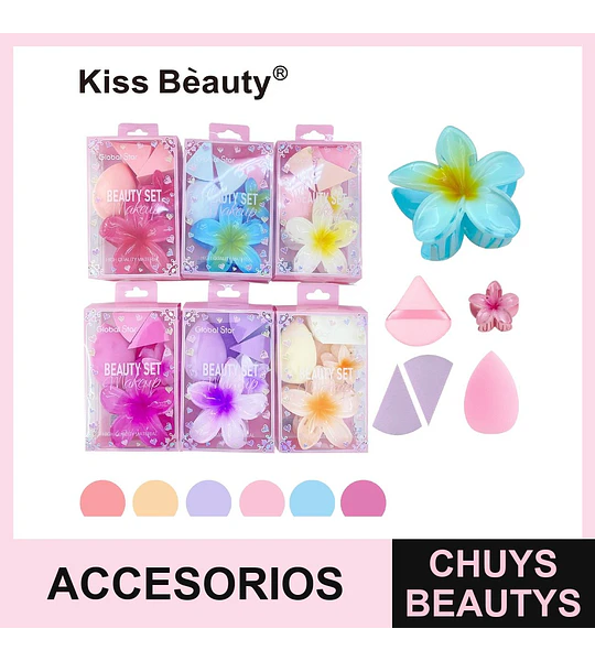 Set de Esponjas de Maquillaje Kiss Bèauty con Accesorios Florales y Variedad de Formas