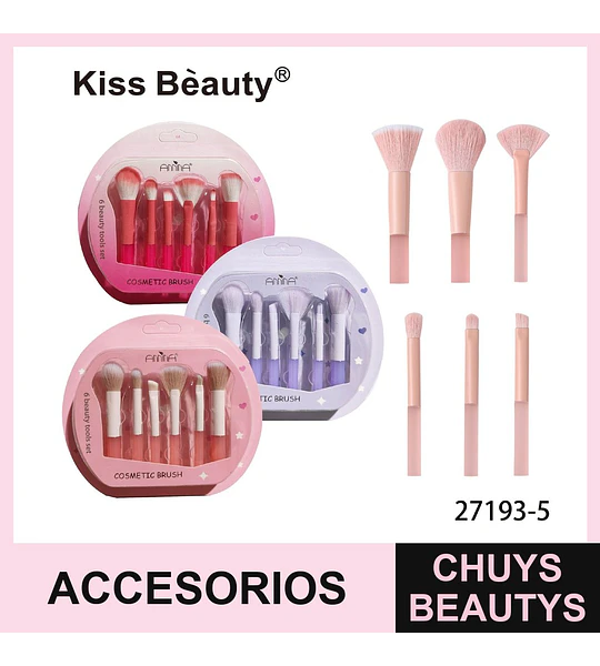 Set de 6 brochas de maquillaje Kiss Bèauty para rostro y ojos