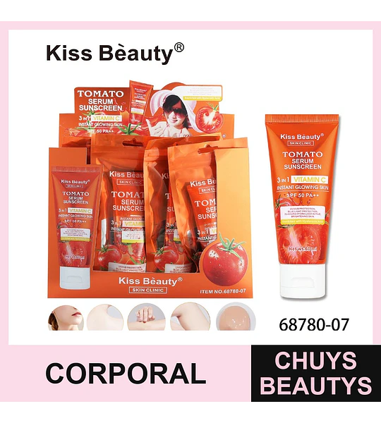 Protector solar facial y corporal Kiss Beauty con extracto de tomate y Vitamina C SPF 50 PA+++
