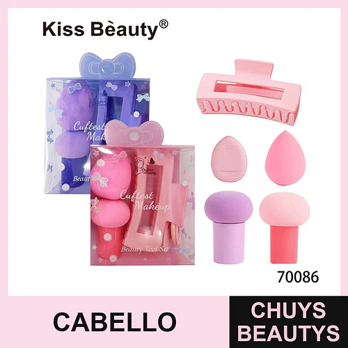 Set de Esponjas de Maquillaje y Pinza para Cabello Kiss Bèauty - Chuys Beautys | Chuys Beautys