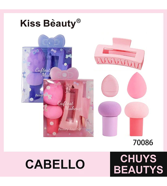 Set de Esponjas de Maquillaje y Pinza para Cabello Kiss Bèauty