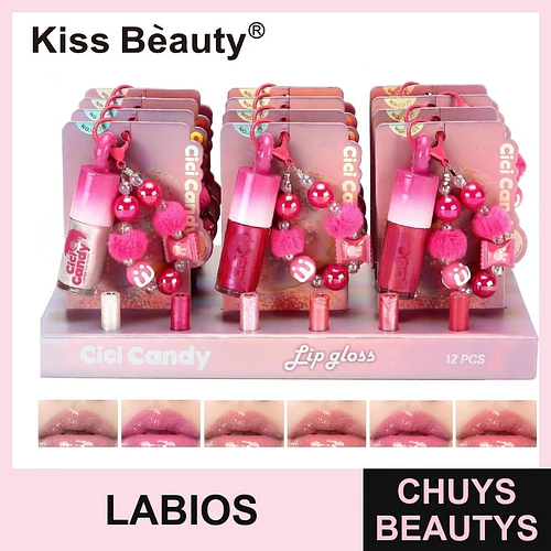 Brillo labial Cici Candy en formato llavero Kiss Beauty, set de 12 tonos - Chuys Beautys | Chuys Beautys