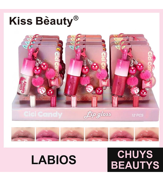 Brillo labial Cici Candy en formato llavero Kiss Beauty, set de 12 tonos