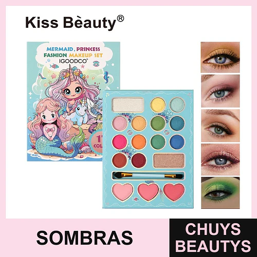 Set de Maquillaje Sirena y Princesa Kiss Bèauty con Sombras y Rubores - Chuys Beautys | Chuys Beautys