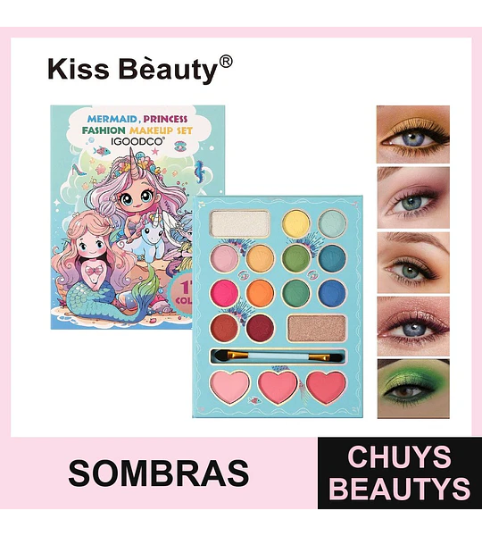 Set de Maquillaje Sirena y Princesa Kiss Bèauty con Sombras y Rubores
