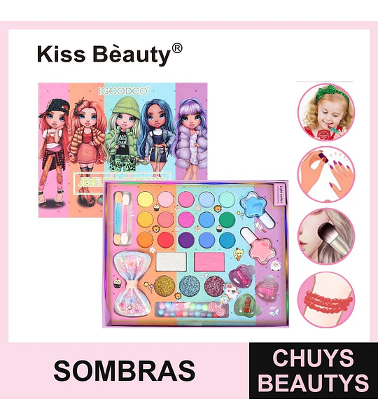 Set de Maquillaje Completo Infantil Vibrante Kiss Bèauty con Sombras y Brillos