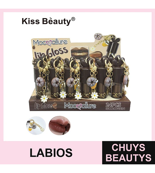 Lip Gloss Mocmallure con Llavero de Donut y Flor, Tono Chocolate