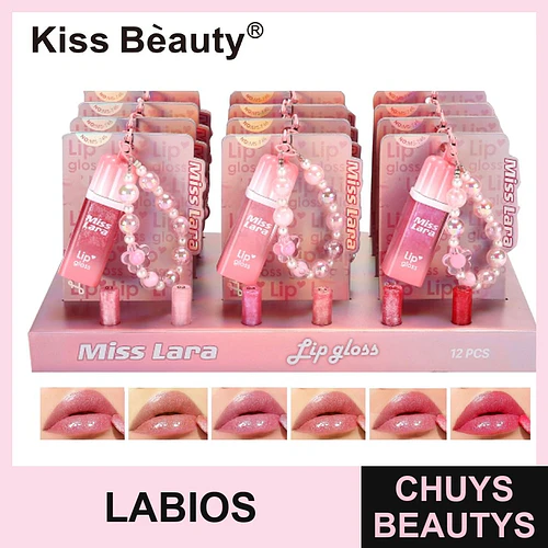 Lip Gloss Mini Miss Lara con Cadena de Perlas Kiss Beauty - Chuys Beautys | Chuys Beautys