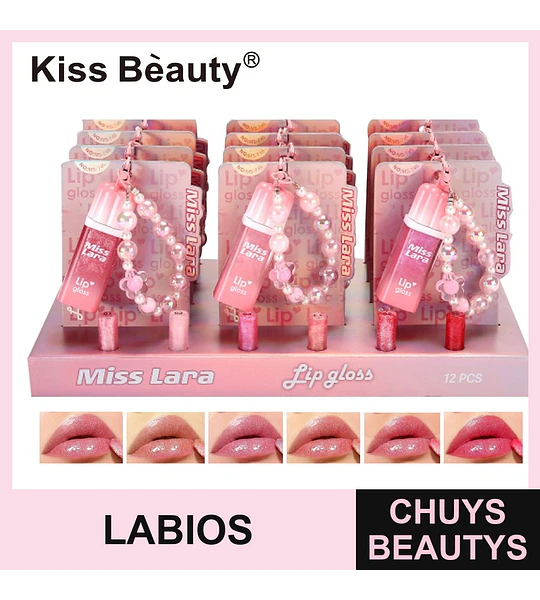 Lip Gloss Mini Miss Lara con Cadena de Perlas Kiss Beauty