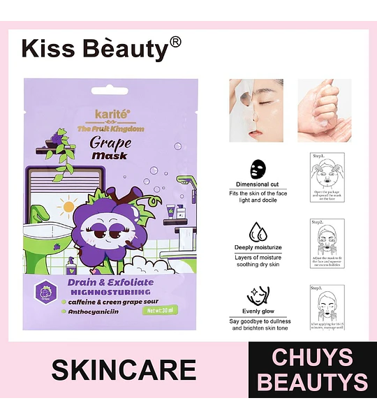 Mascarilla Facial de Uva Drenante y Exfoliante Karité Kiss Beauty