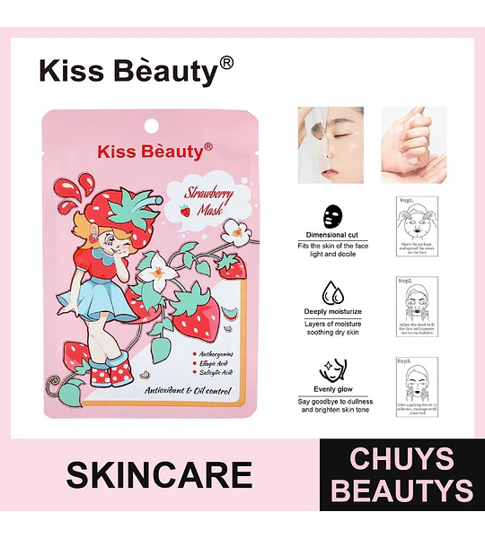 Mascarilla facial de fresa Kiss Beauty antioxidante e hidratante para control de grasa