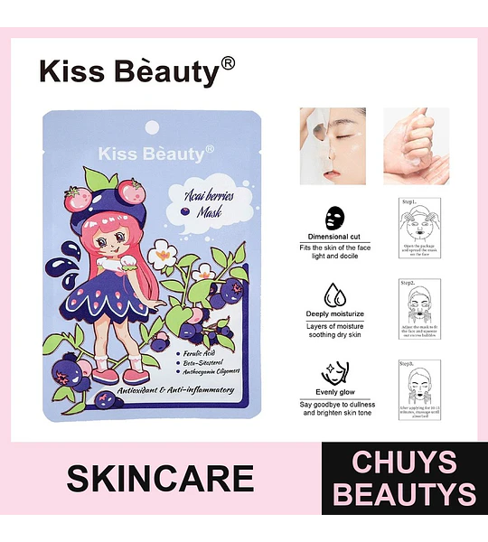 Mascarilla Facial Antioxidante Kiss Beauty con Extracto de Bayas de Acai