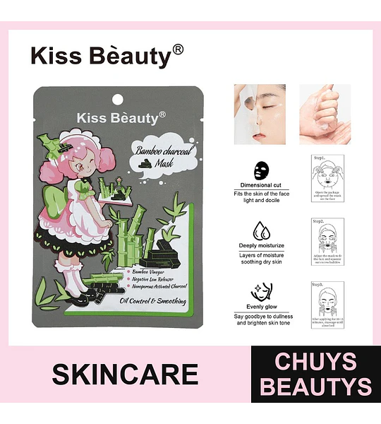 Mascarilla Facial de Carbón de Bambú Control de Grasa y Suavizante Kiss Beauty