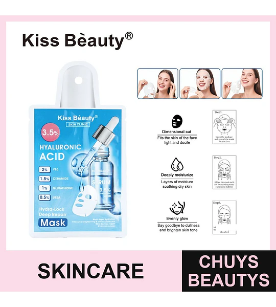 Mascarilla facial hidratante y reparadora con Ácido Hialurónico Kiss Beauty