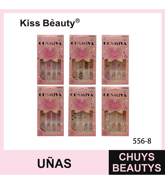 Uñas Postizas Adhesivas Kiss Beauty Cosmiya con Diseños Variados de Mariposas y Patrones