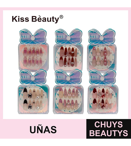 Uñas postizas decoradas Kiss Beauty con diseños variados y accesorios