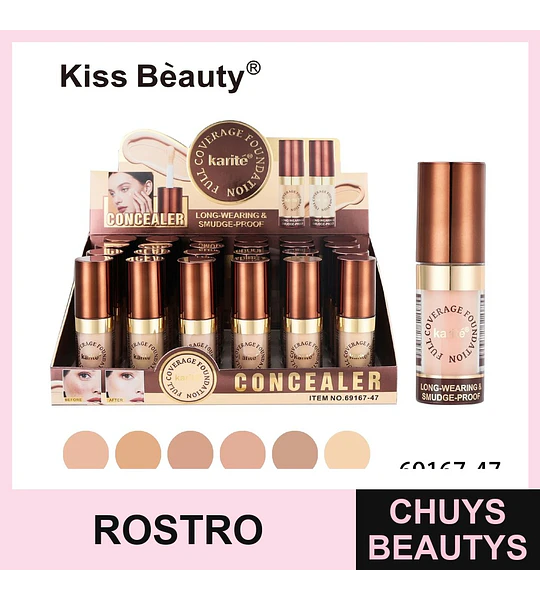 Corrector y Base Líquida Full Coverage Kiss Beauty Karité Larga Duración