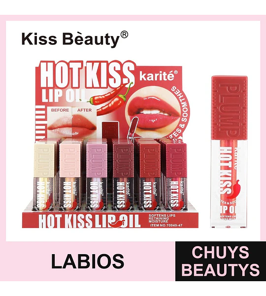 Aceite Labial Voluminizador Kiss Beauty Karité Hot Kiss con Efecto Plump