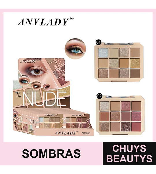 Paleta de Sombras ANYLADY The Nude de 12 Tonos con Acabados Variados
