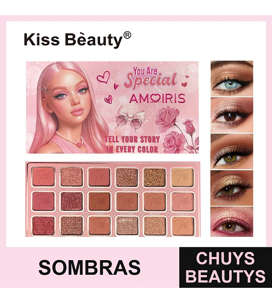 Paleta de Sombras de Ojos Kiss Bèauty You Are Special con 18 Tonos Rosados y Nudes