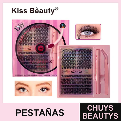 Kit de Pestañas Postizas Clusters DIY con Adhesivo y Pinza Kiss Bèauty - Chuys Beautys | Chuys Beautys