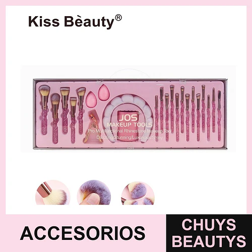 Set de Brochas y Accesorios de Maquillaje Kiss Bèauty con Glitter Rosa - Chuys Beautys | Chuys Beautys