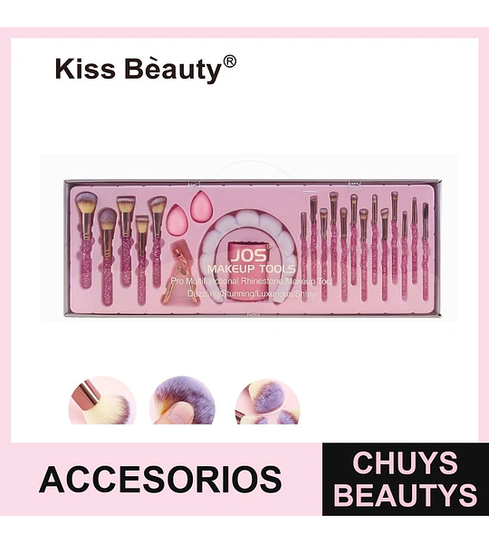 Set de Brochas y Accesorios de Maquillaje Kiss Bèauty con Glitter Rosa