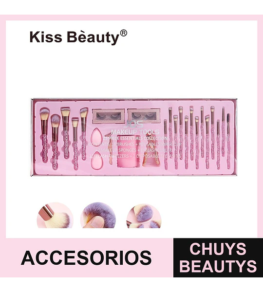 Set de 25 Herramientas Esenciales de Maquillaje Kiss Bèauty con Brochas y Accesorios