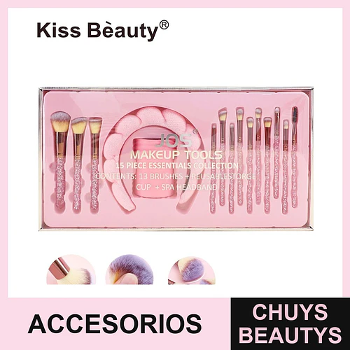 Set de Brochas de Maquillaje Kiss Bèauty con Diadema y Copa Organizadora Rosa Glitter - Chuys Beautys | Chuys Beautys