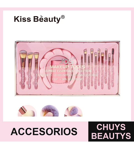 Set de Brochas de Maquillaje Kiss Bèauty con Diadema y Copa Organizadora Rosa Glitter
