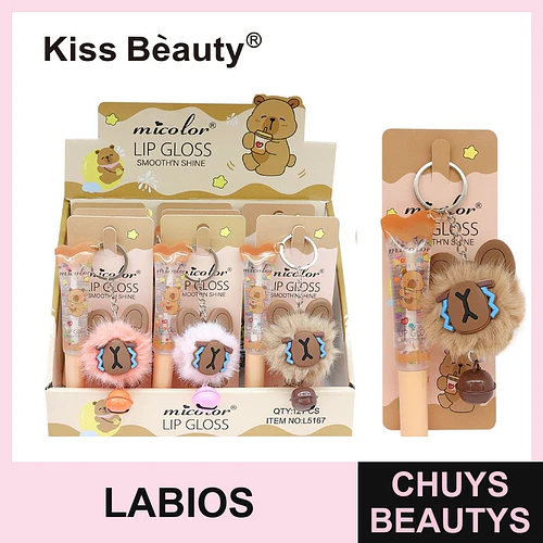 Brillo labial micolor suavizante con efecto brillo y llavero de oso Kiss Beauty - Chuys Beautys | Chuys Beautys