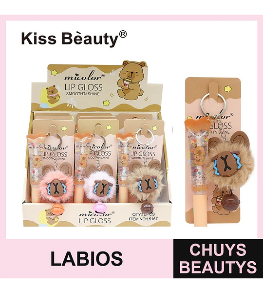 Brillo labial micolor suavizante con efecto brillo y llavero de oso Kiss Beauty