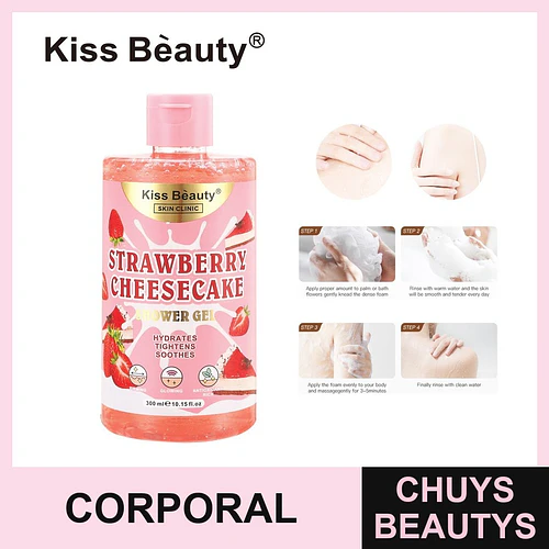 Gel de Ducha Corporal Kiss Beauty Sabor Fresa Cheesecake Hidratante y Reafirmante - Chuys Beautys | Chuys Beautys