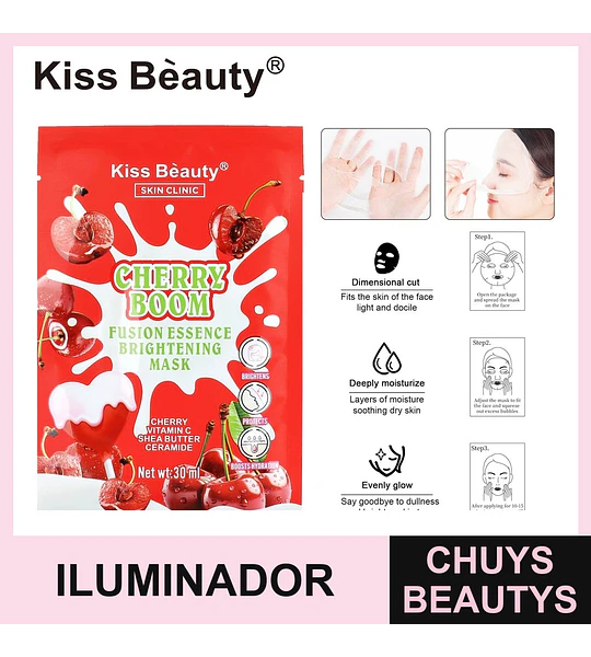 Mascarilla facial iluminadora Kiss Bèauty Cherry Boom con Vitamina C y Ceramida