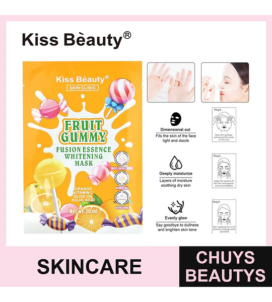 Mascarilla Facial Blanqueadora Kiss Beauty Fruit Gummy con Vitamina C y Ácido Kójico