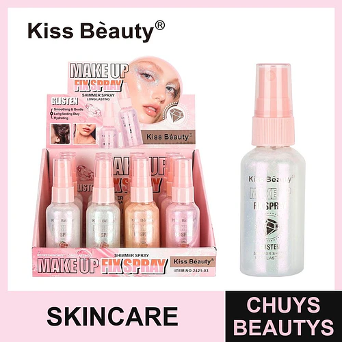 Spray fijador de maquillaje con brillo Kiss Beauty de larga duración e hidratante - Chuys Beautys | Chuys Beautys