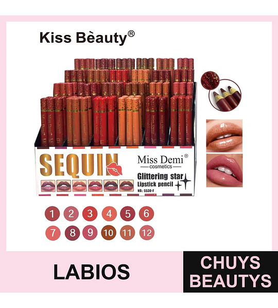 Labial Líquido Miss Demi Efecto Brillante Sequin con 12 Tonos Vibrantes