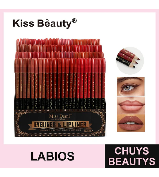 Delineador de Ojos y Labios Doble Función Miss Demi, Set de 12 Tonos Versátiles