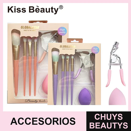 Set de brochas y accesorios de maquillaje Kiss Bèauty Globalstar tonos pastel - Chuys Beautys | Chuys Beautys