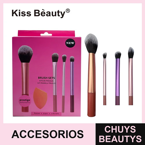 Set de Brochas y Esponja de Maquillaje Kiss Bèauty para Rostro y Ojos - Chuys Beautys | Chuys Beautys