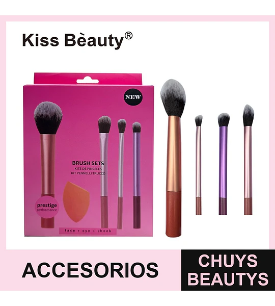 Set de Brochas y Esponja de Maquillaje Kiss Bèauty para Rostro y Ojos