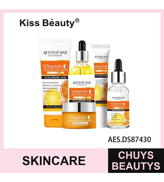 Set Skincare Facial Aclarante Vitamina C y Ácido Hialurónico Kiss Beauty AESTHTANY