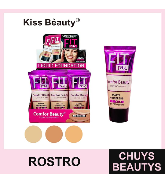 Base Líquida Matte y Sin Poros Kiss Beauty Comfor Beauty FIT nac