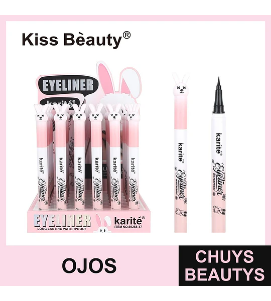 Eyeliner Líquido Waterproof Larga Duración Karité Kiss Beauty con Diseño de Conejo