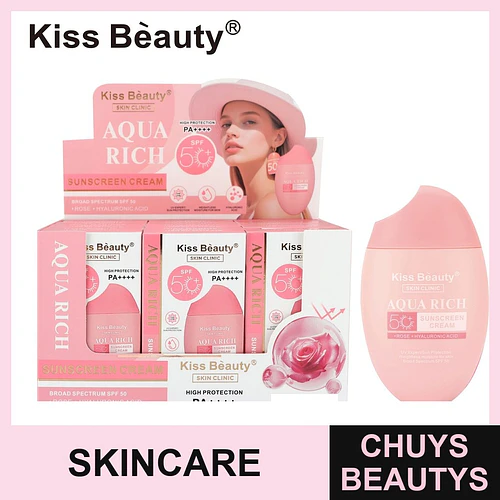 Crema solar facial Aqua Rich SPF 50 PA++++ con rosa y ácido hialurónico Kiss Beauty - Chuys Beautys | Chuys Beautys