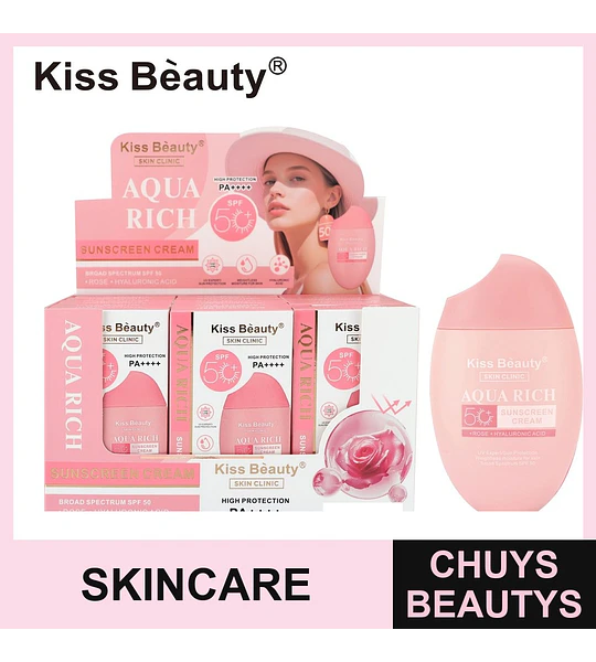 Crema solar facial Aqua Rich SPF 50 PA++++ con rosa y ácido hialurónico Kiss Beauty