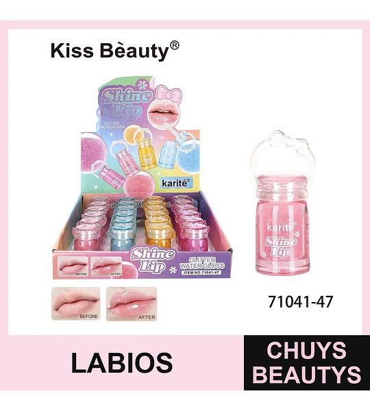 Brillo labial con glitter Karité Shine Lip en envase de mini balde