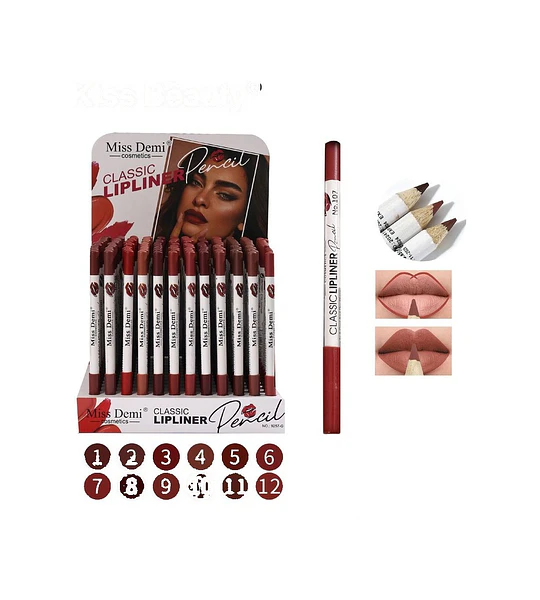 Lápices Delineadores de Labios Clásicos Miss Demi, Kit Surtido de 12 Tonos